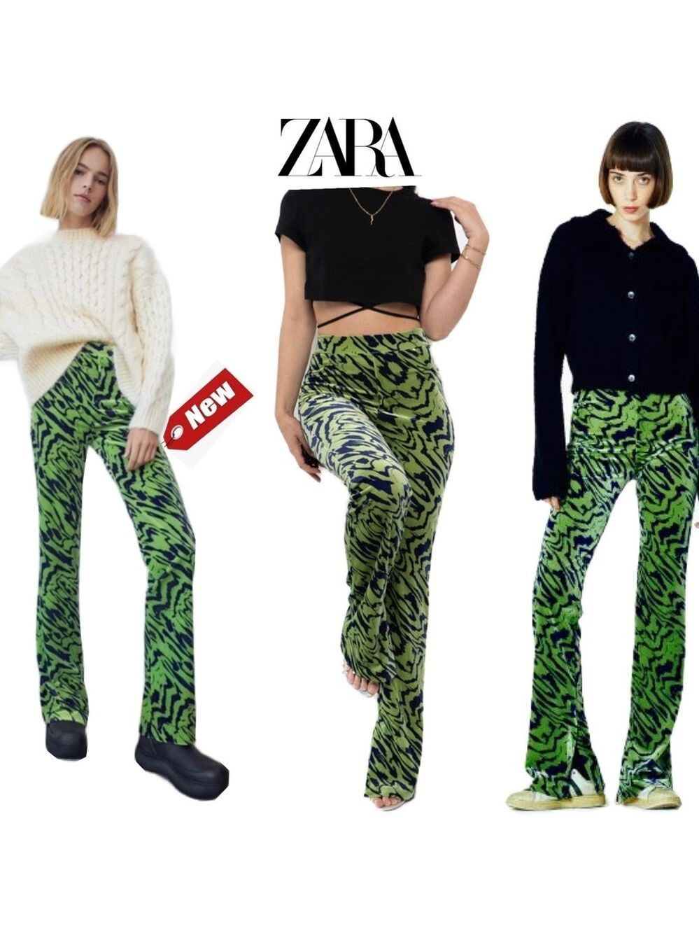 Zara green blue zebra print velvet flare pants Sz S NWT